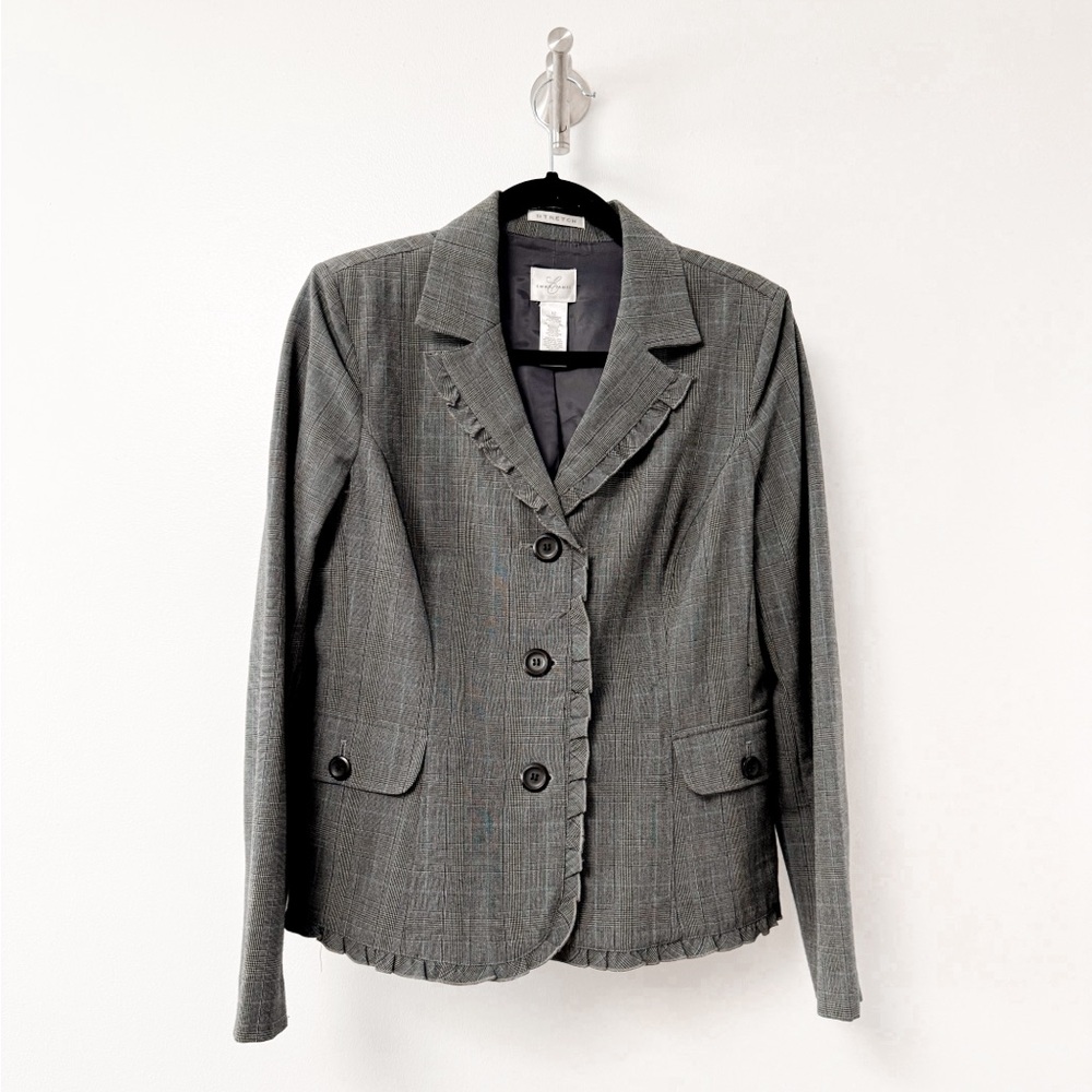 Emma James Plaid Ruffle Detail Fall Prep Casual Chic 3 Button Blazer Jacket Gray